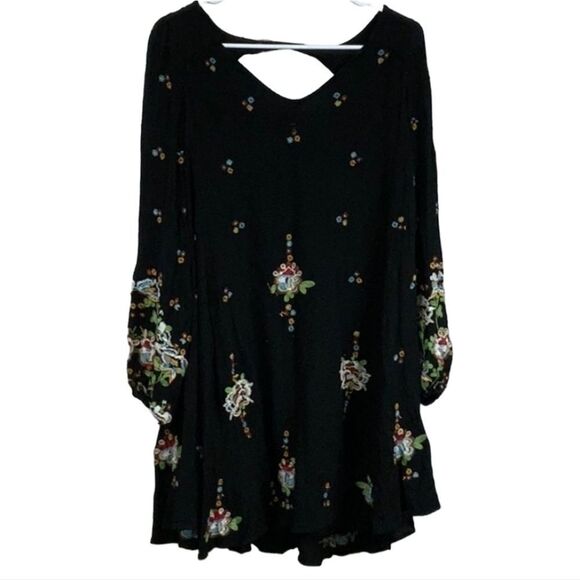 Free People Black Embroidered Shift Dress Bohemian Long Sleeve Gauze Flowy Swing - Picture 5 of 10